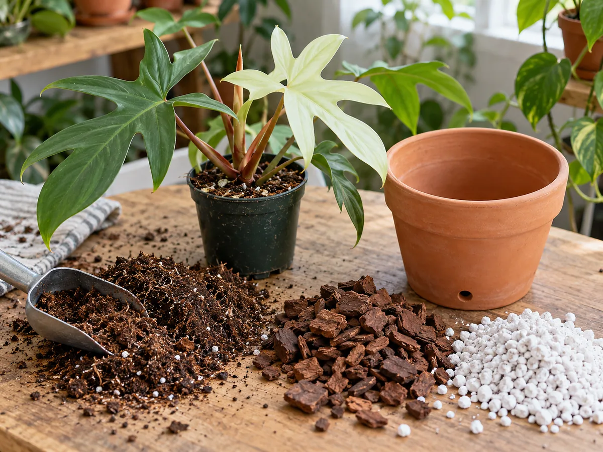 Airy aroid potting mix with bark, perlite, and a potted climbing aroid