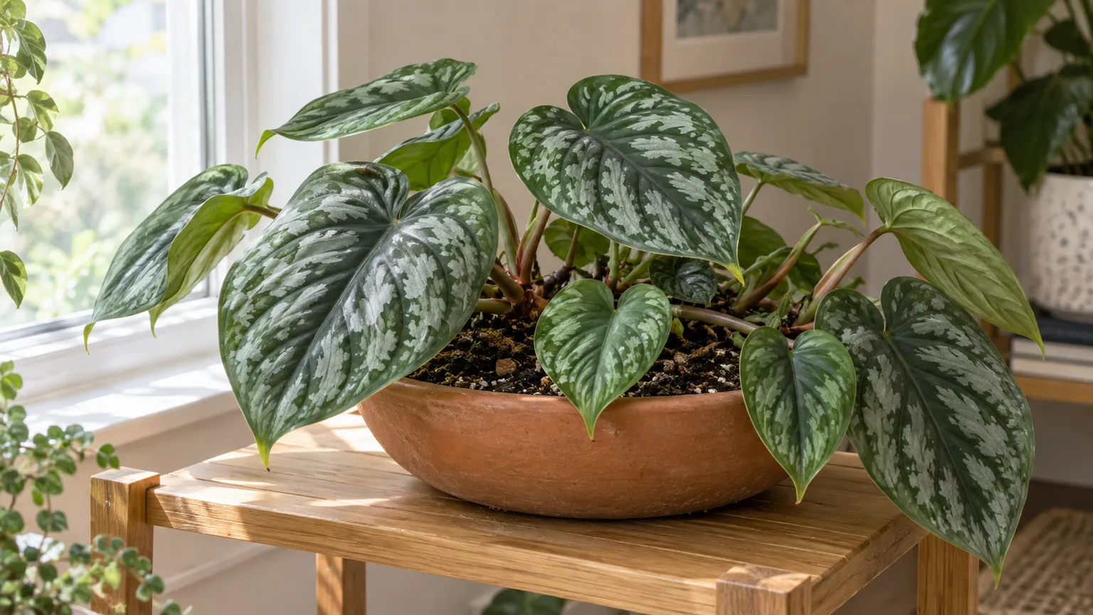 Philodendron mamei with silver-mottled heart-shaped leaves growing outward in a shallow pot