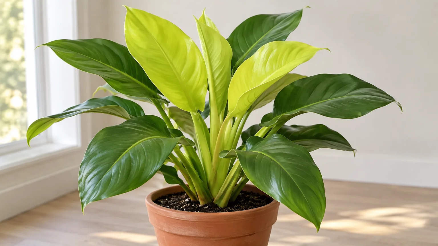 Upright Philodendron Moonlight with chartreuse new leaves and mature green foliage