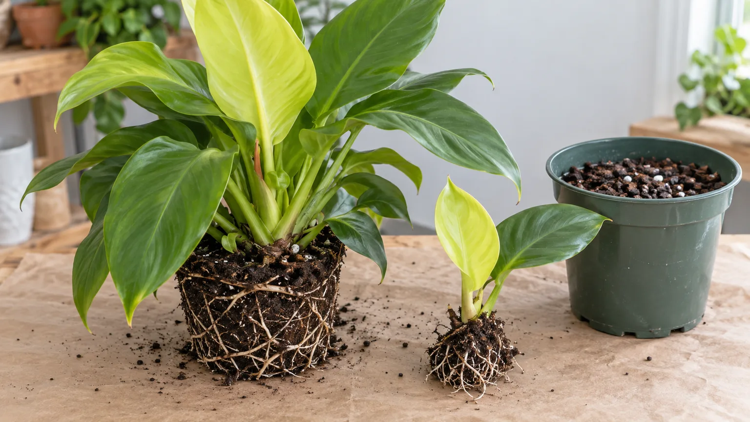 A rooted Philodendron Moonlight offset beside the parent plant and potting mix