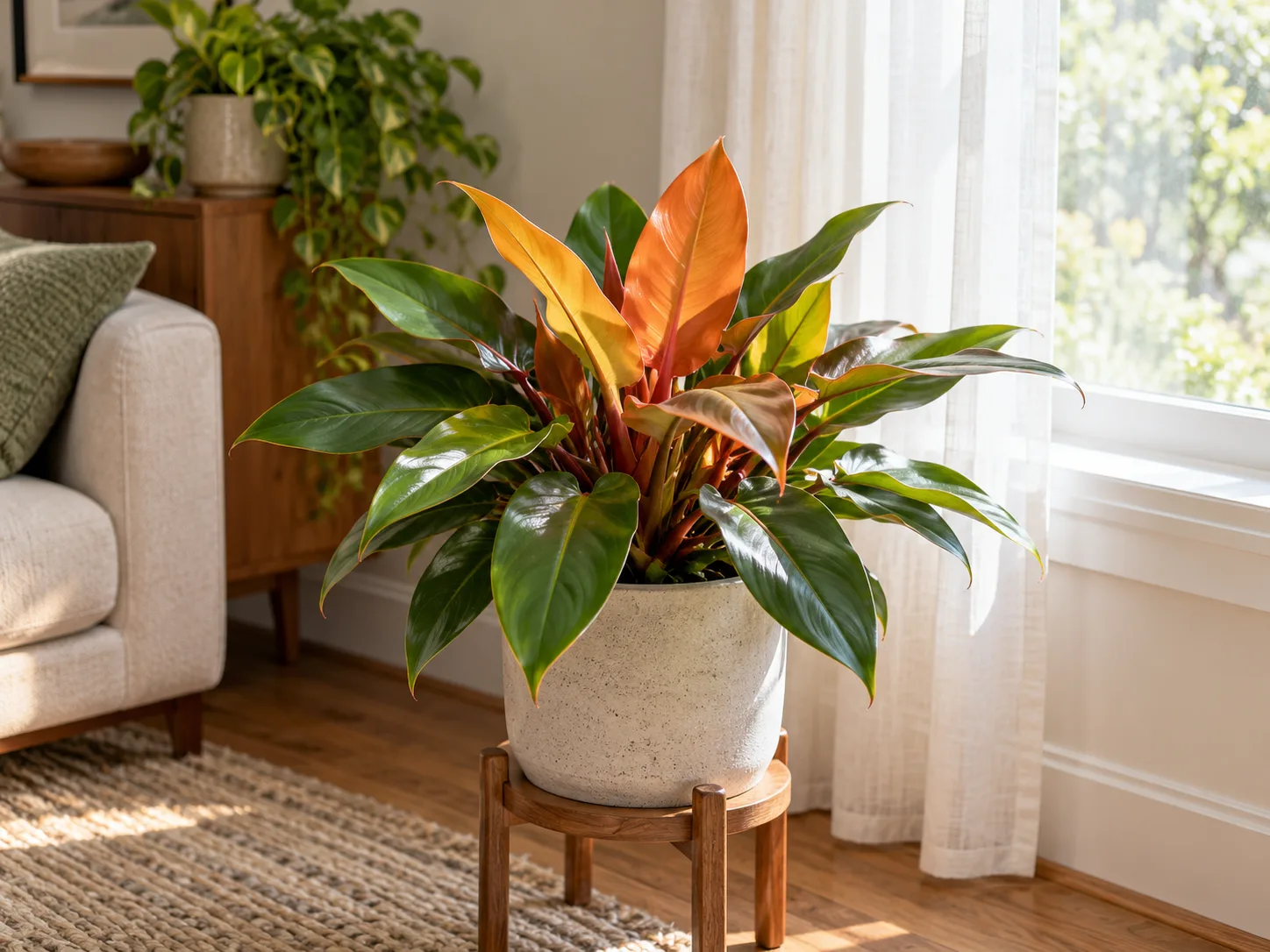 Philodendron ‘Prince of Orange’ in bright filtered light near a sheer-curtained window