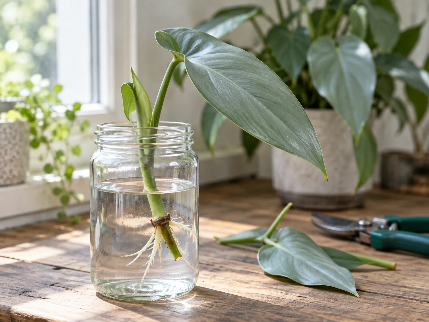 Philodendron Silver Sword stem cutting with a node and roots developing in a clear water jar