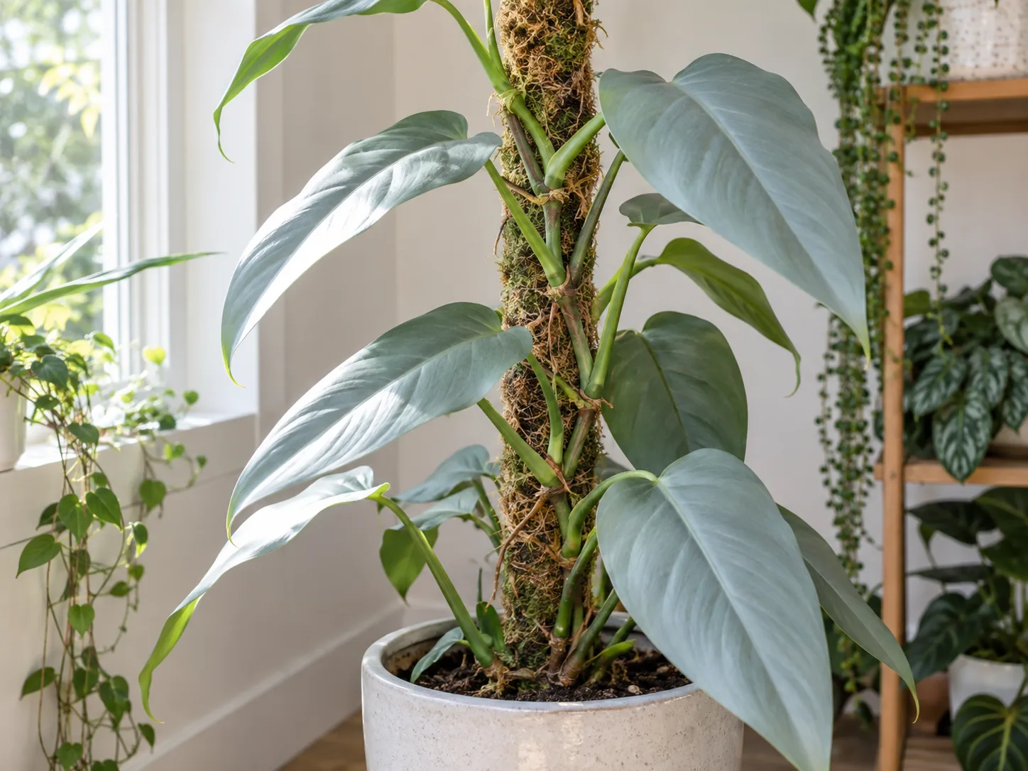 Philodendron Silver Sword climbing a moss pole in bright filtered indoor light