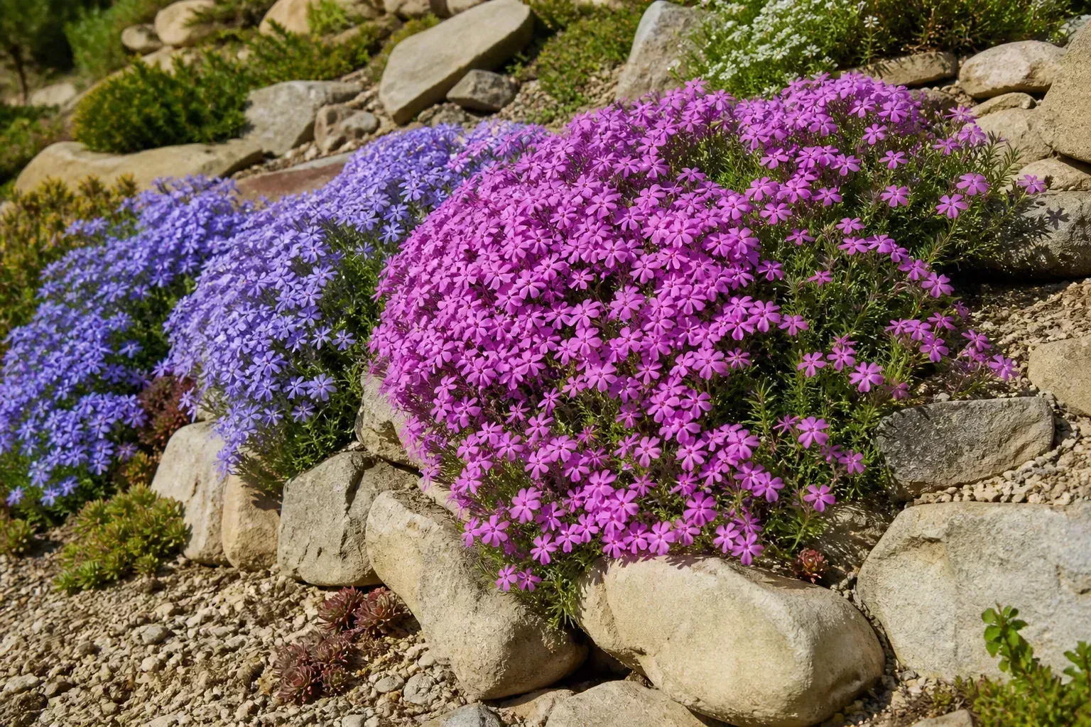 Moss phlox forming a dense mat of pink and blue spring flowers over a sunny rock garden slope
