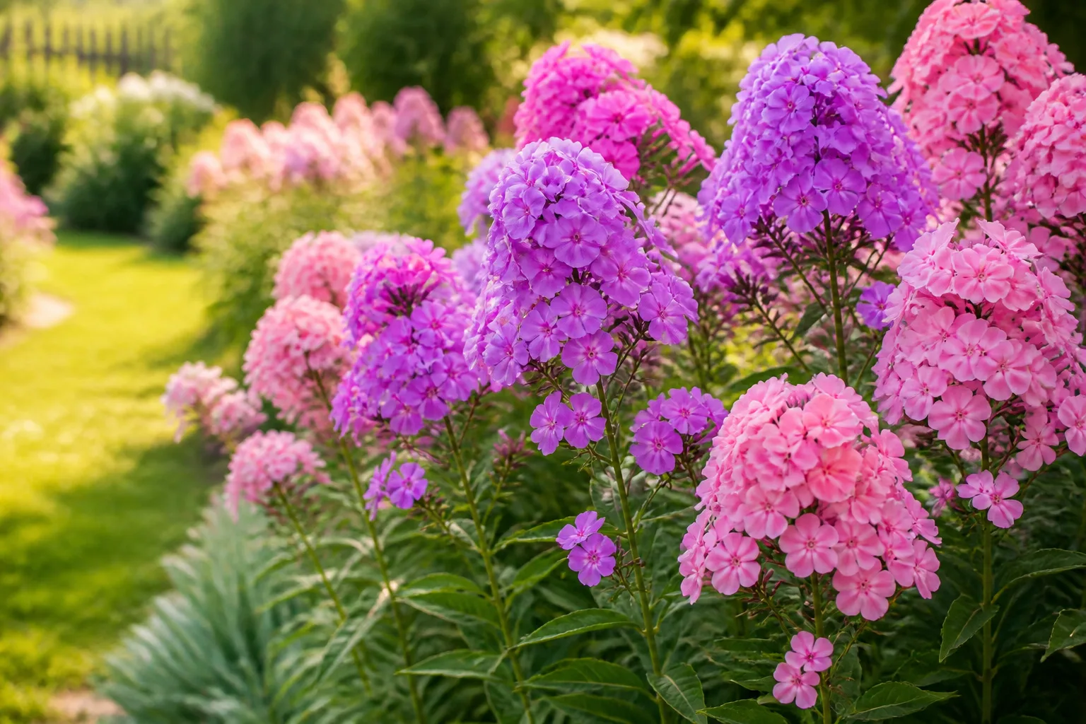 Tall garden phlox with lavender-purple flower panicles blooming in a sunny summer cottage garden border