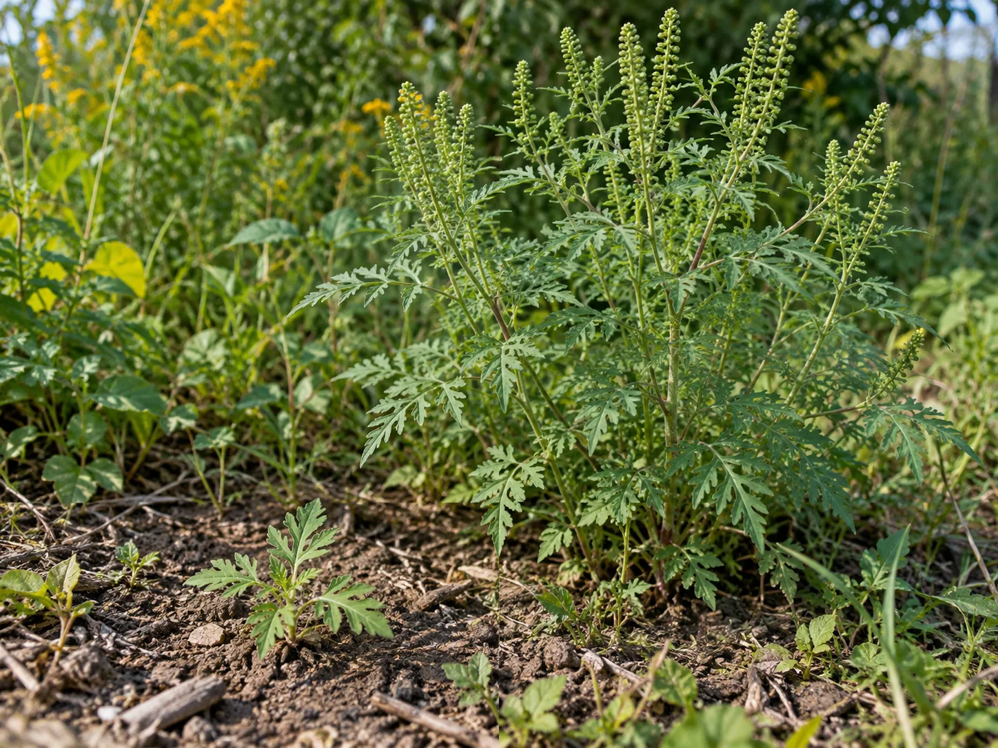 A young common ragweed seedling growing in front of a mature plant with divided leaves and green flower spikes.
