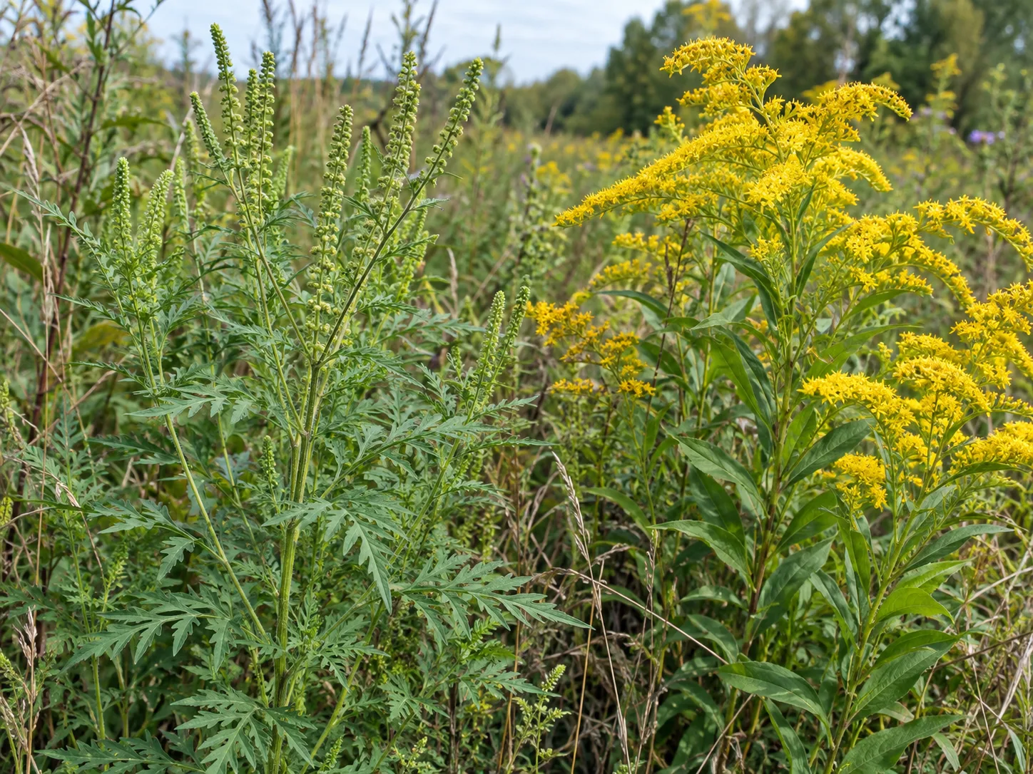 Common ragweed with green flower spikes growing beside goldenrod with bright yellow flowers.