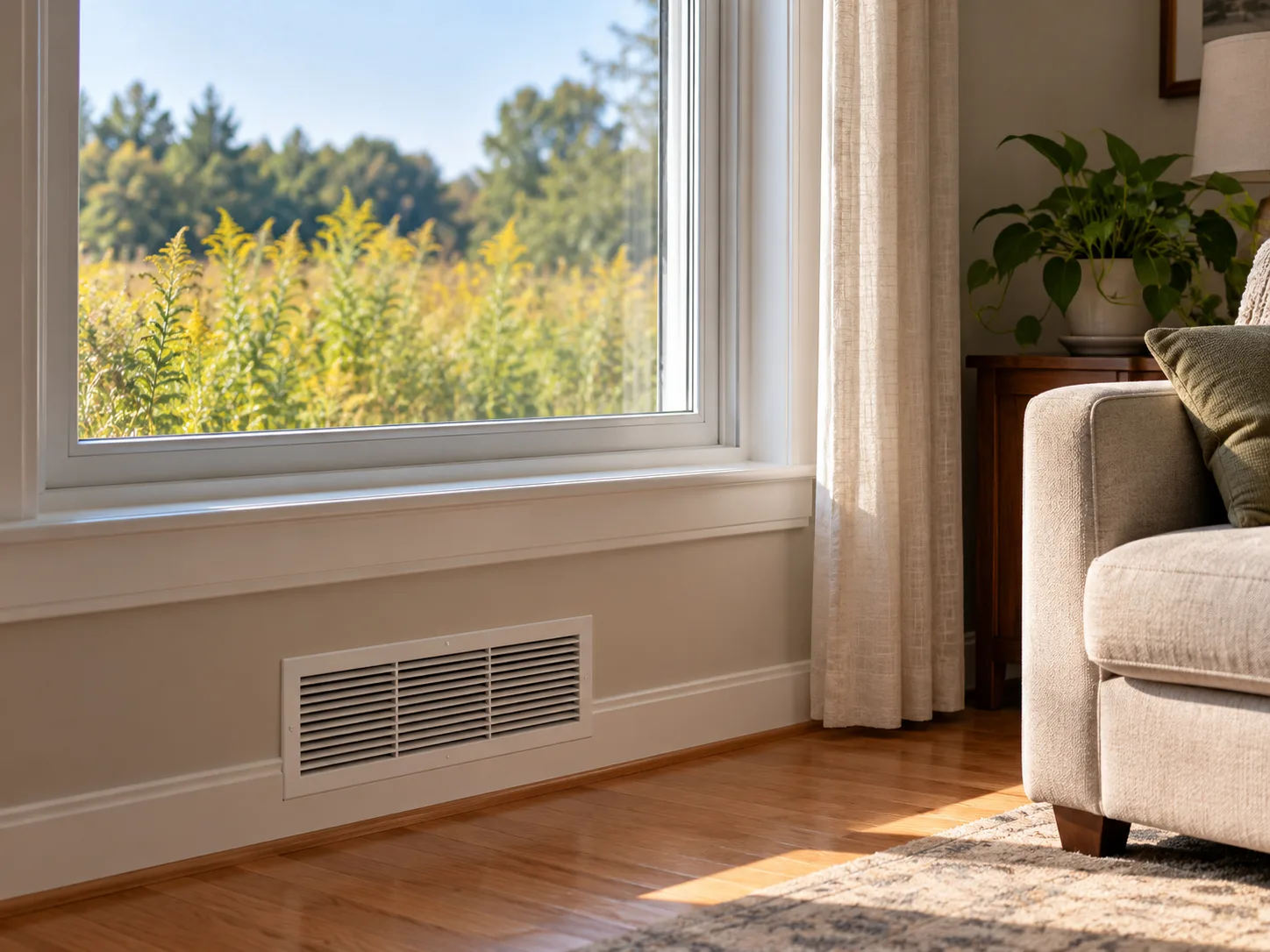 A closed home window and HVAC vent with ragweed growing outside in the distance.