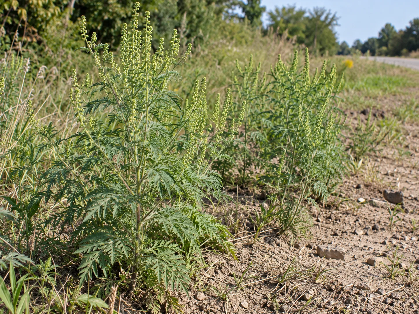 Common ragweed growing along an open, disturbed field edge.