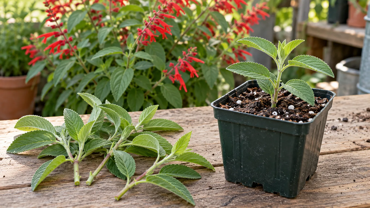 Soft pineapple sage tip cuttings beside a rooted young plant in a pot of free-draining mix.