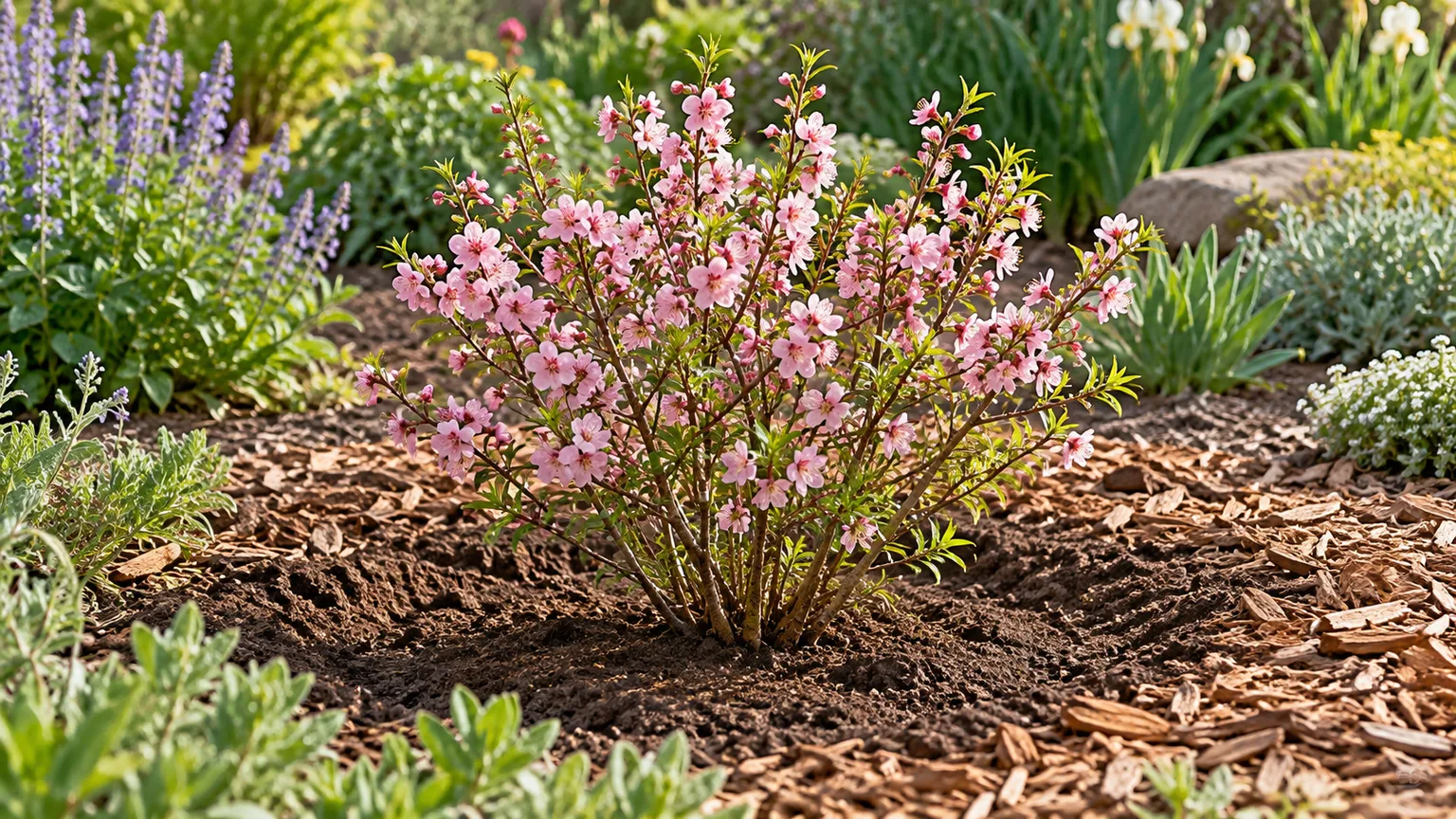 A flowering almond shrub set in a sunny border with a clear mulch ring around the stems