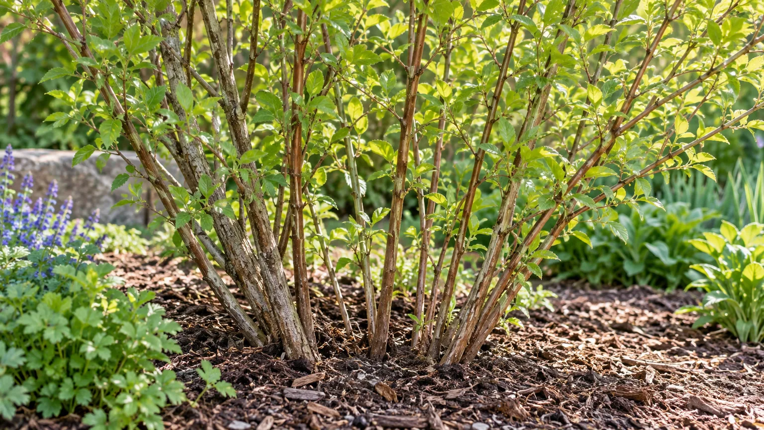 The open base of a multi-stem flowering almond after selective post-bloom renewal pruning