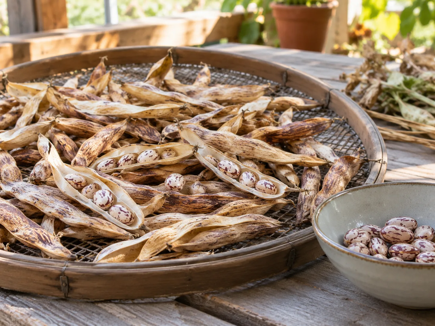 Mature pinto bean pods and speckled beans drying on a mesh tray under cover