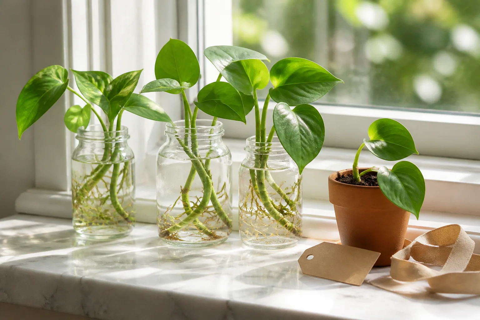 Glass jars of pothos cuttings rooting in water beside a small potted cutting on a bright windowsill