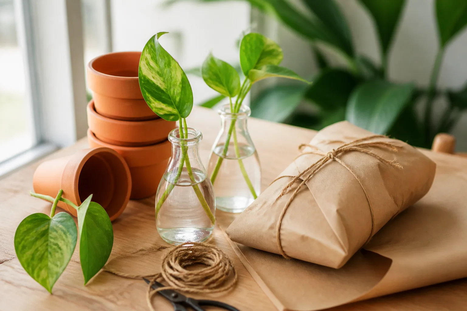 Terracotta pots, glass bud vases with cuttings, and kraft wrapping materials arranged for gifting
