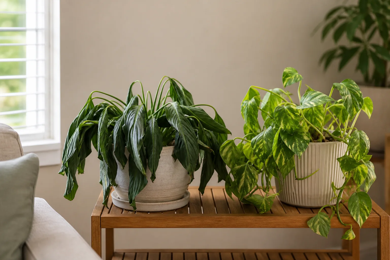 Drooping houseplants on a plant stand illustrating underwatering vs overwatering diagnosis