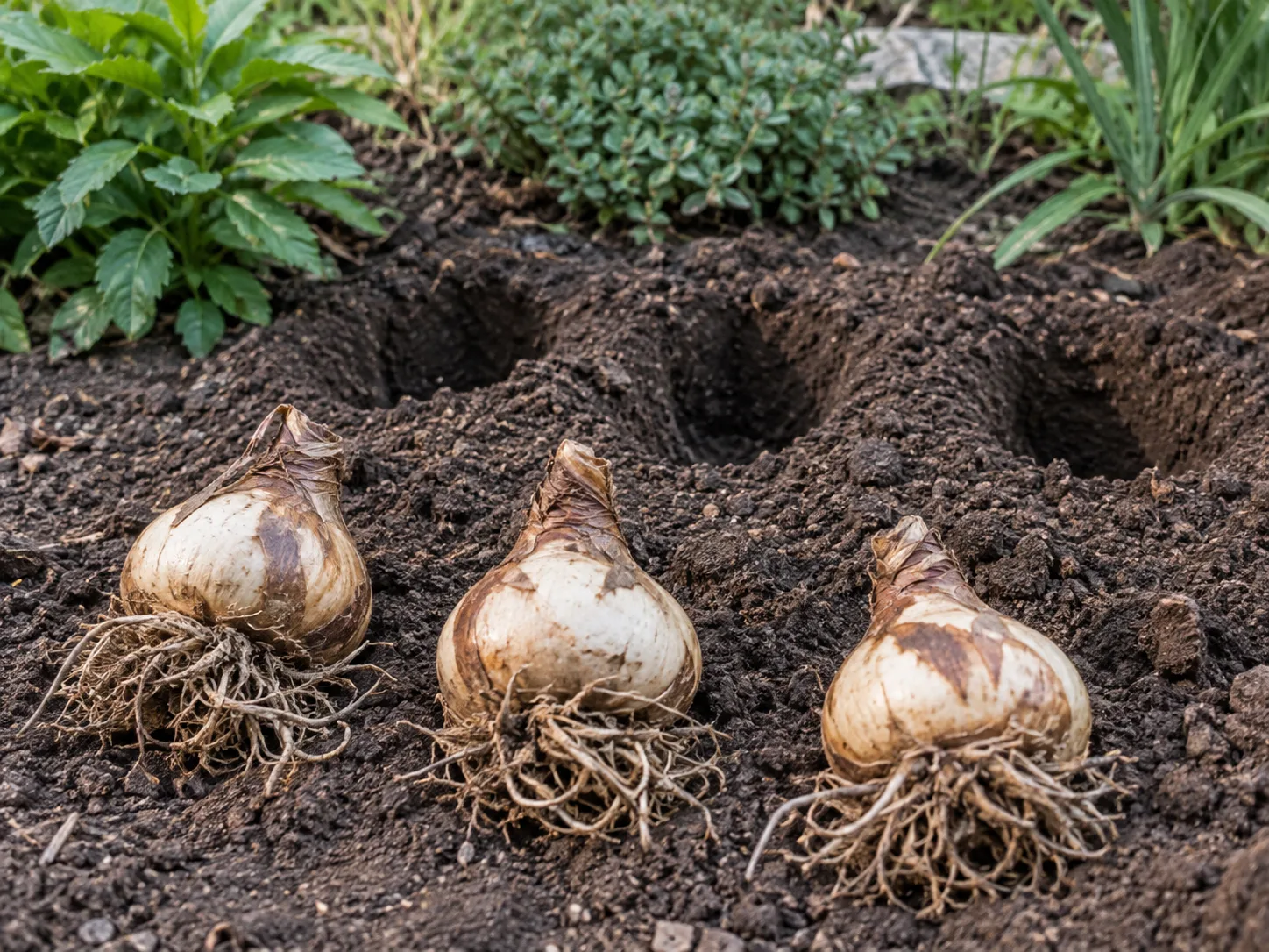 Firm resurrection lily bulbs beside prepared planting holes in a well-drained perennial bed