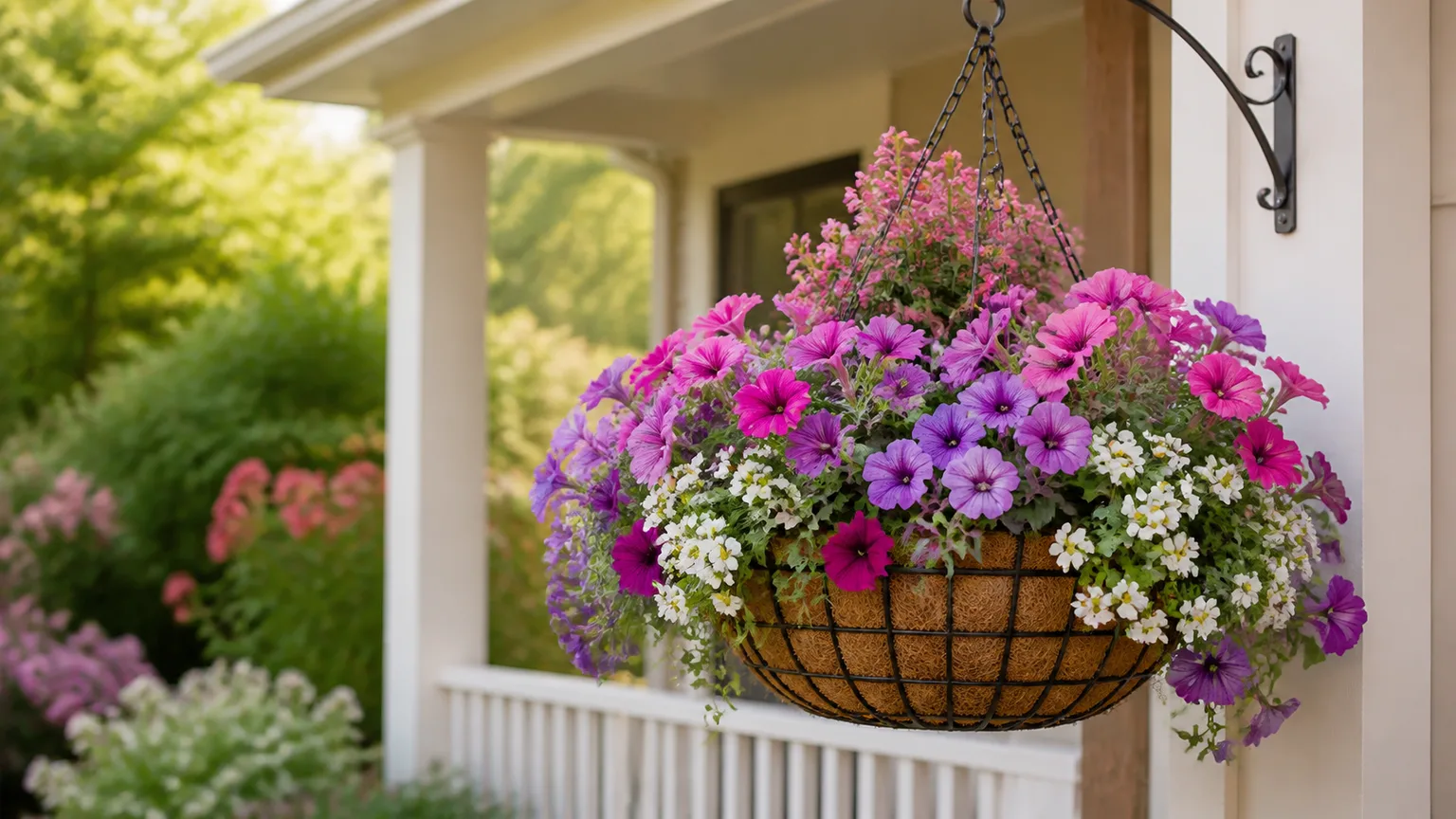Cascading purple petunias spilling over the rim of a summer patio container