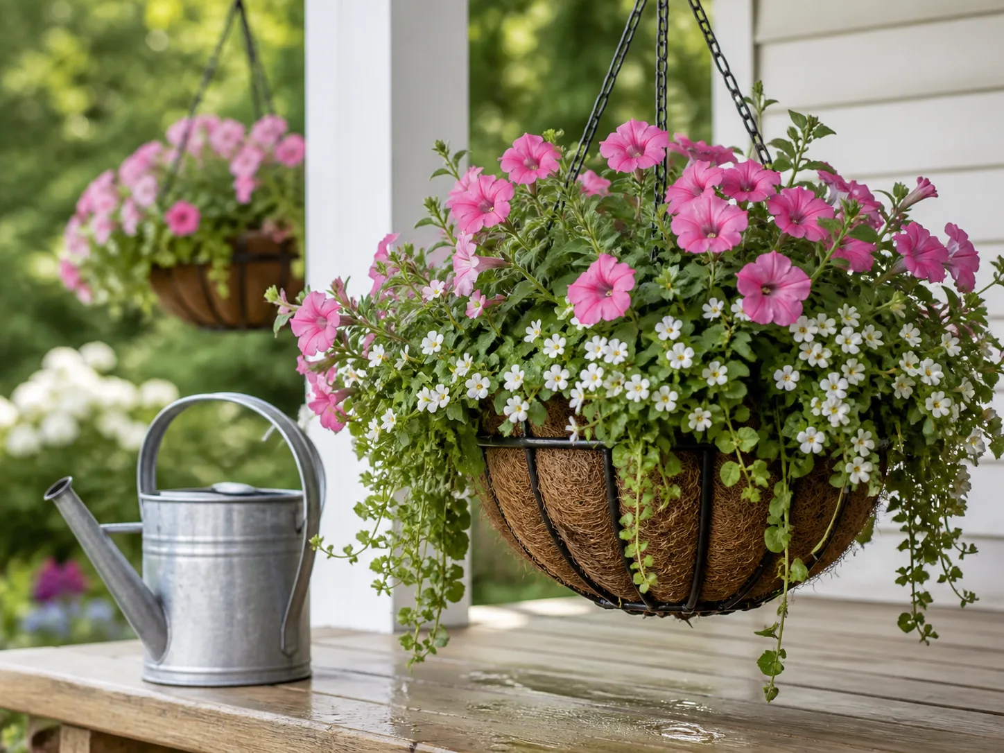 Mature pink petunias and white bacopa spilling from a hanging basket beside a watering can on a porch