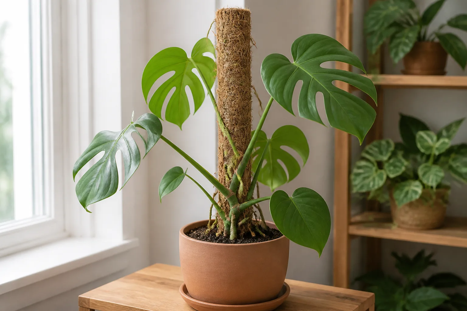 Monstera with climbing habit needing a moss pole rather than forced upright staking alone
