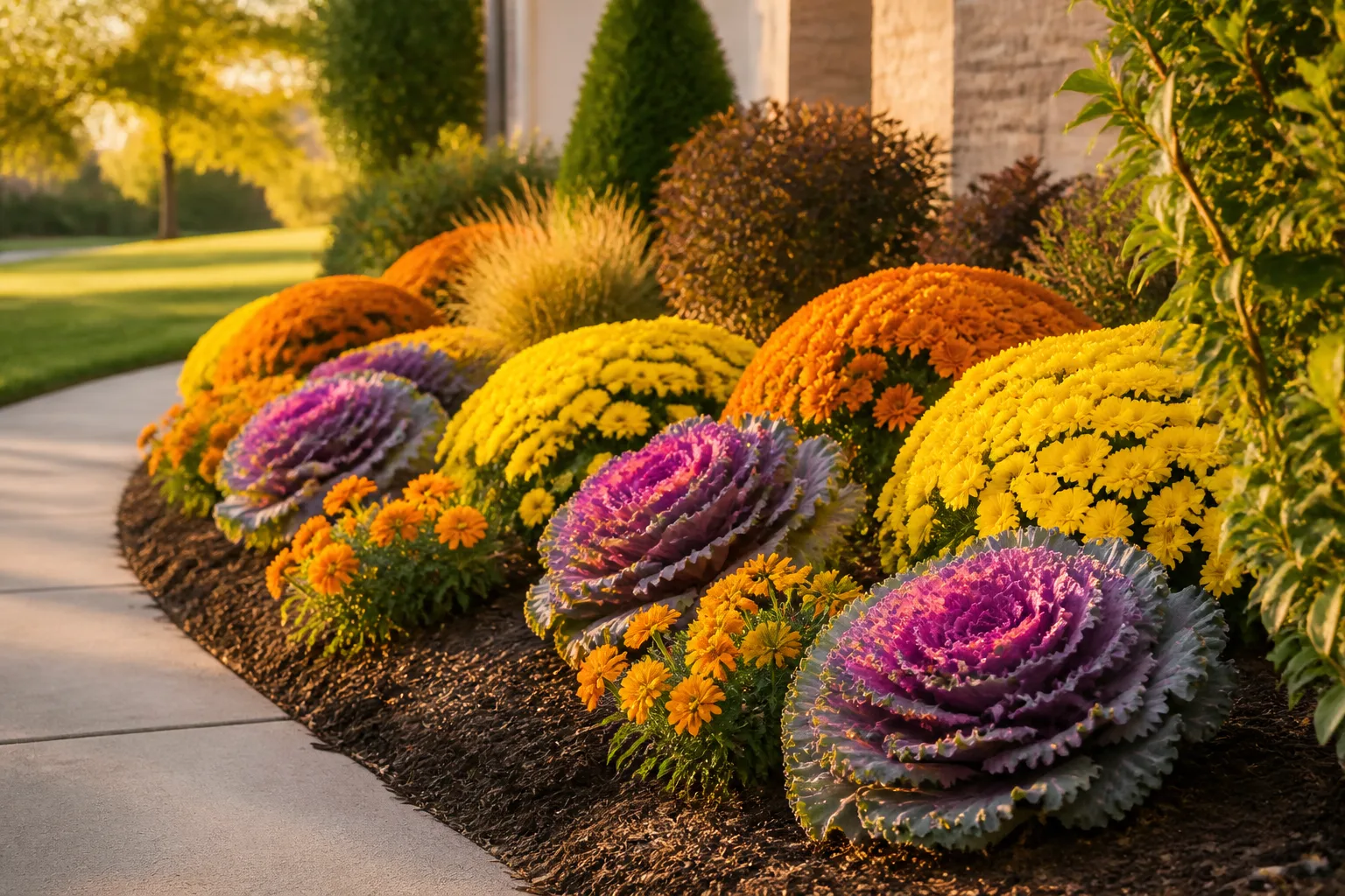 Mixed autumn flower bed with orange mums, marigolds, and purple ornamental kale along a garden walk