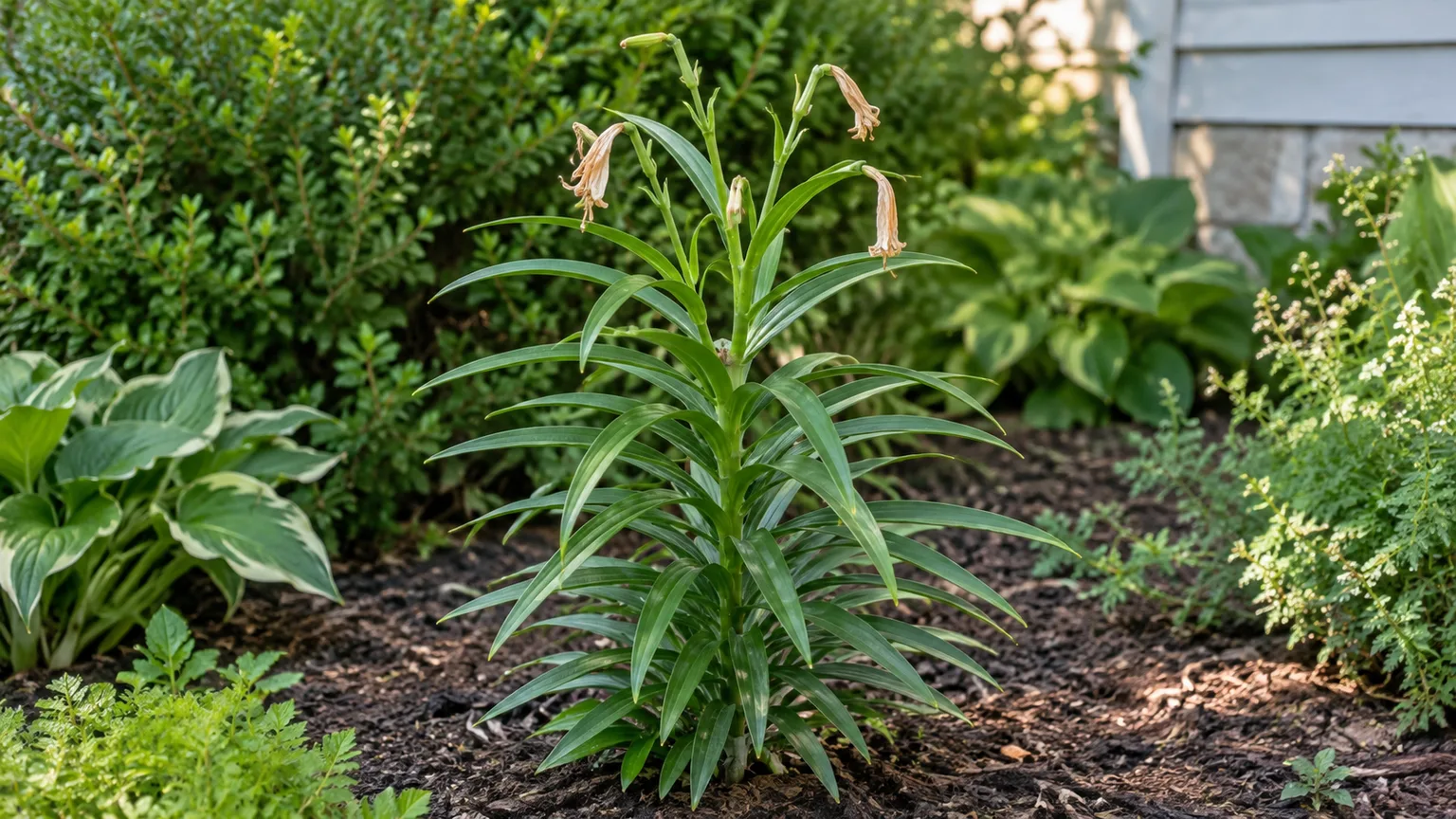 Green Easter lily leaves left intact after the white flowers fade