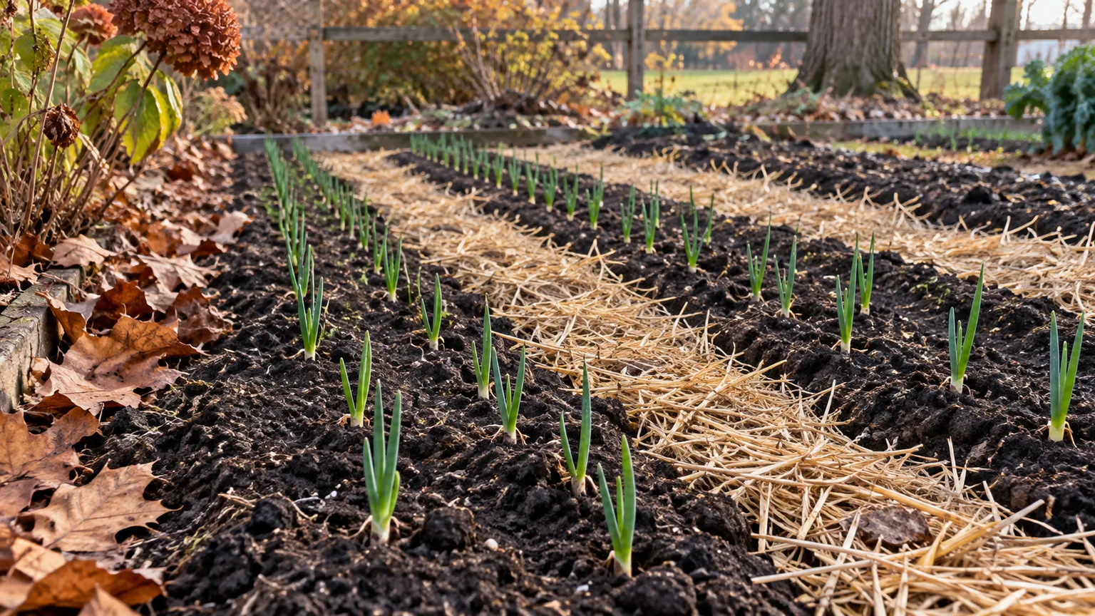 Short green onion shoots emerging in a straw-mulched autumn garden bed