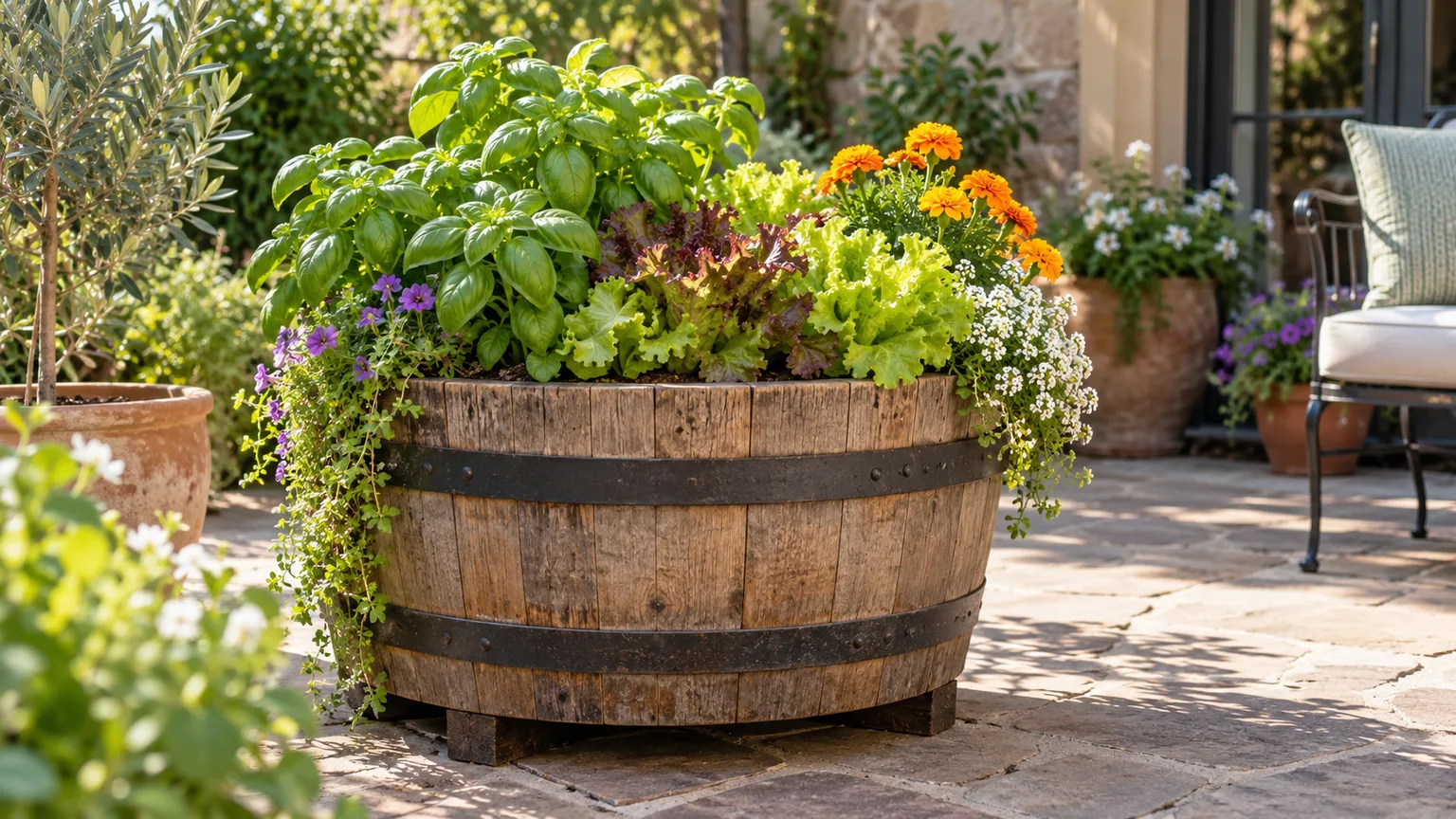 A weathered oak half-barrel planter filled with basil, leafy greens, and flowers on a sunny patio