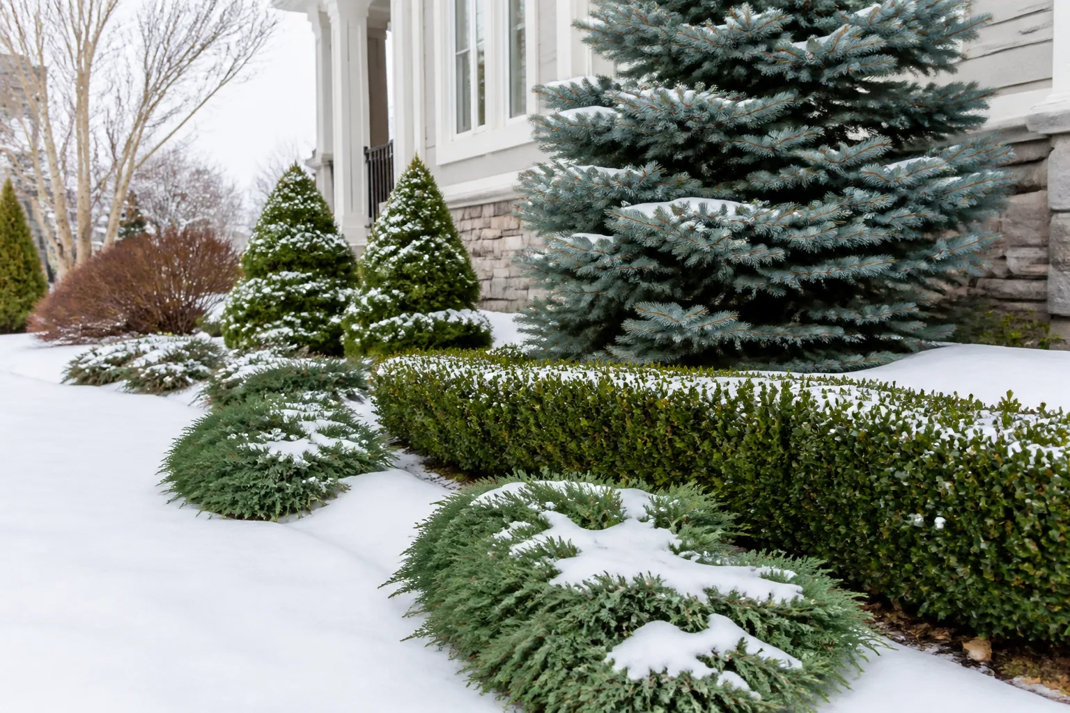 Snow-dusted winter foundation bed with deer-resistant evergreen shrubs and conifers holding green color