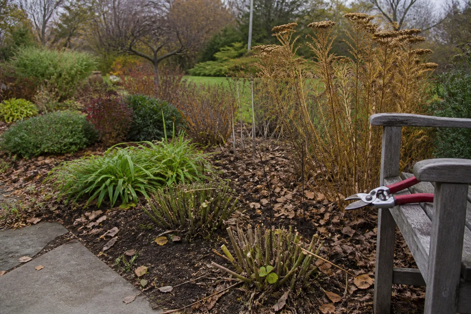 Perennial garden in late autumn after selective fall cutback with trimmed stubs and plants left standing
