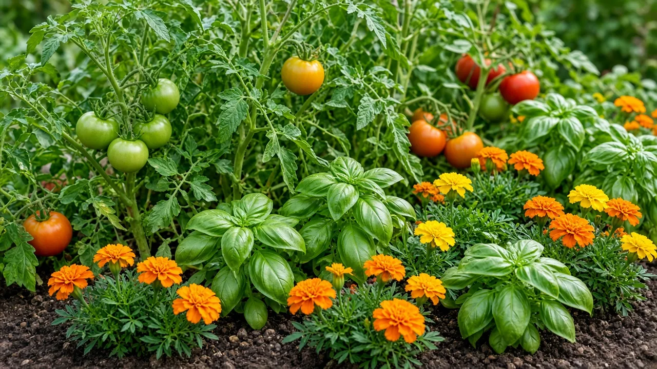 Pest-deterring vegetable garden with herbs and flowering companion plants