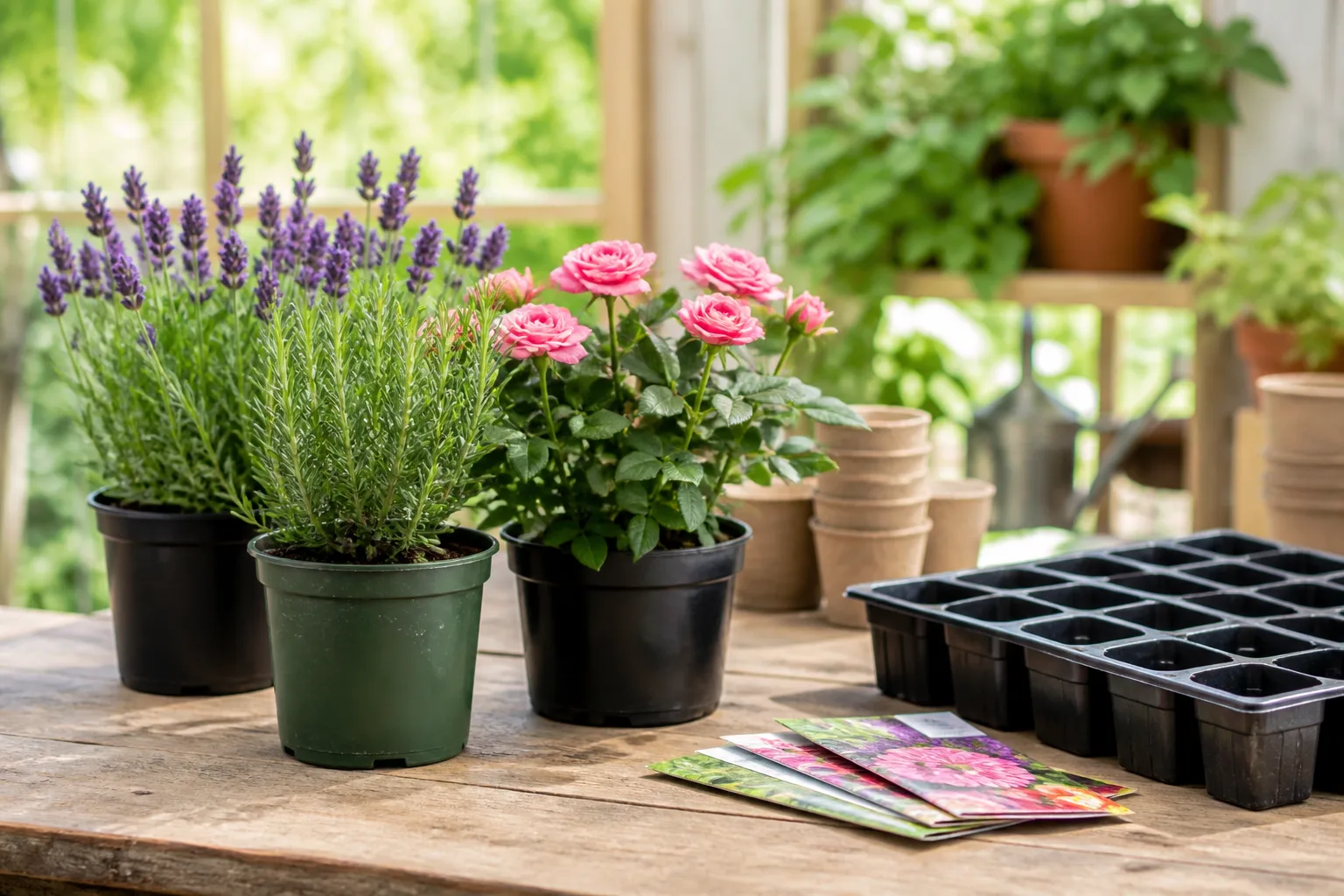 Nursery pots with blooming lavender and rosemary beside unused seed-starting trays on a garden bench