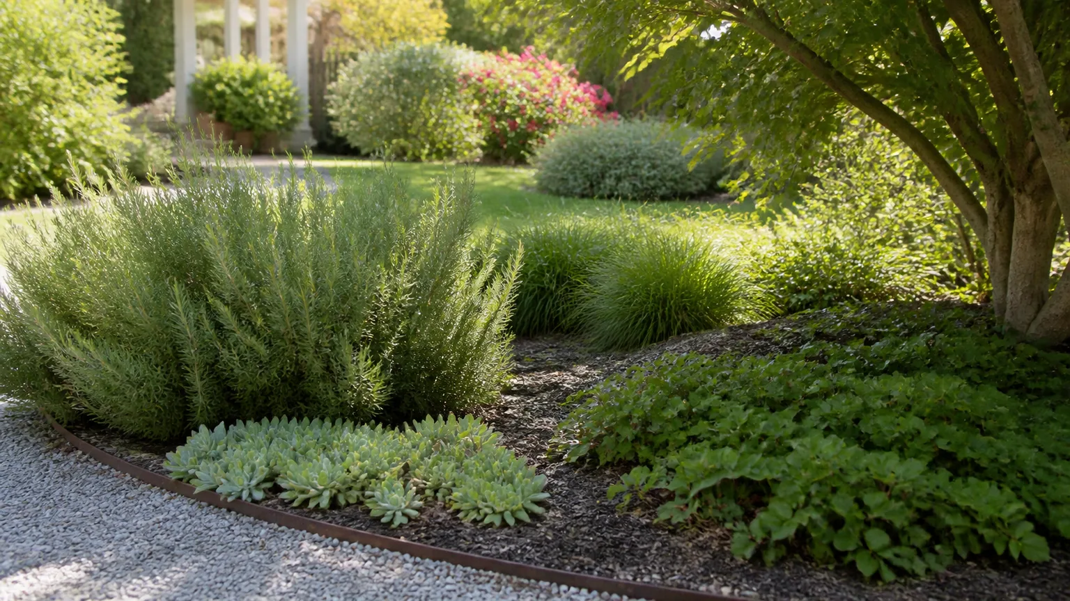 Mixed low-maintenance yard with sun-loving and shade-tolerant plantings