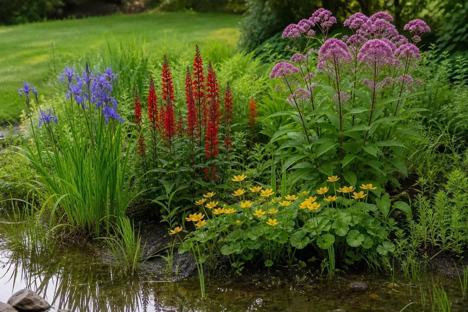 Rain garden planted with moisture-tolerant flowers beside a residential lawn