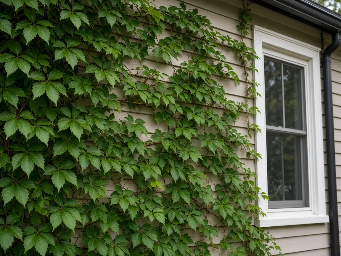 Virginia creeper climbing across house siding beside a window and gutter