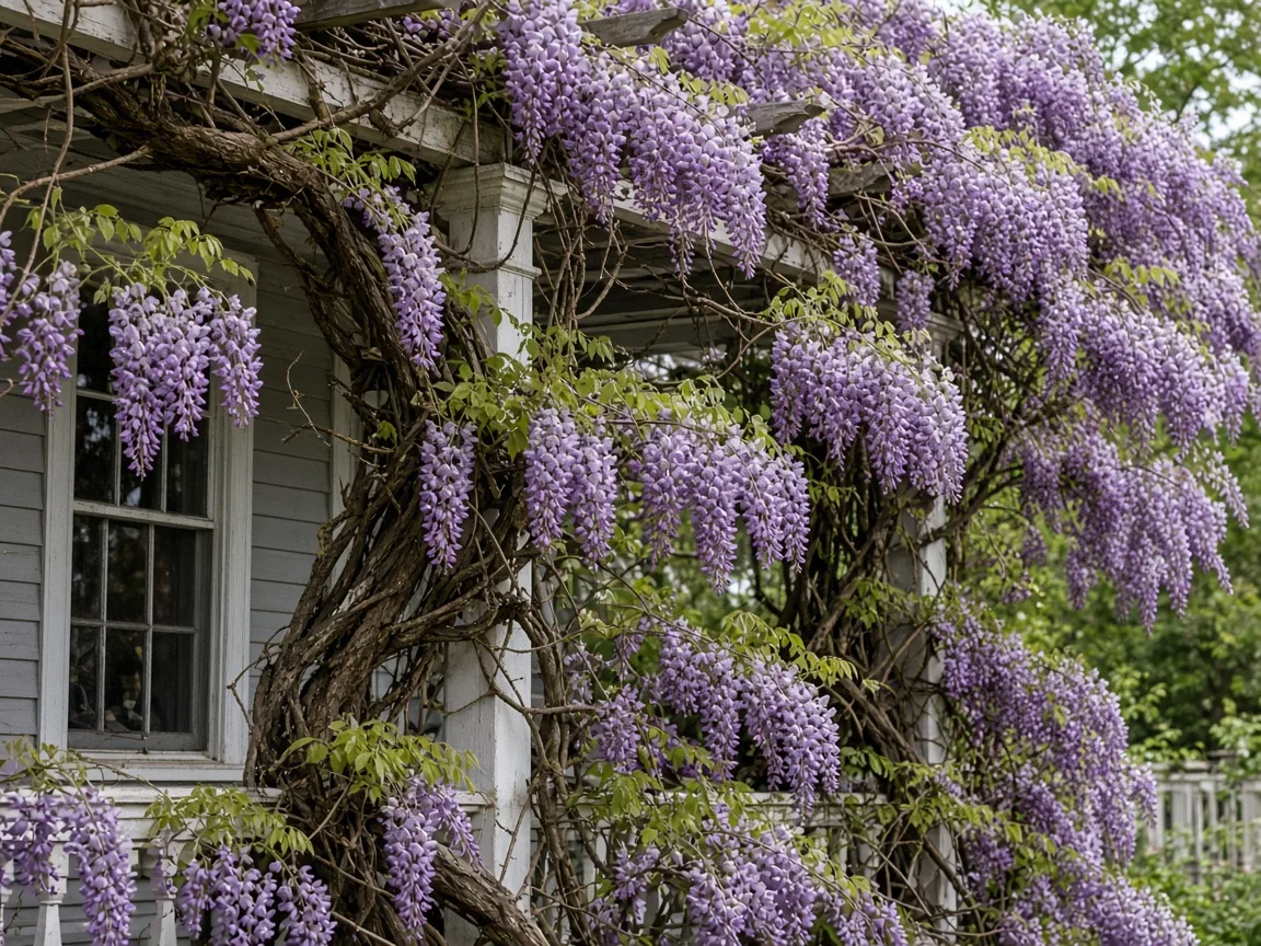 Heavy flowering wisteria trained across a porch structure beside a house