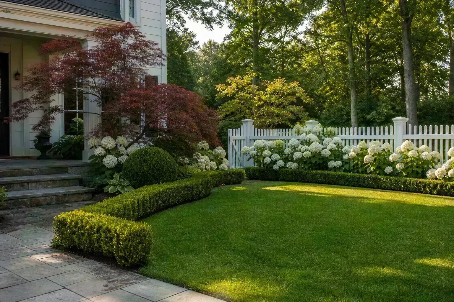 Upscale backyard with layered shrubs, natural mulch beds, stone walk, and cohesive planting that reads current rather than dated