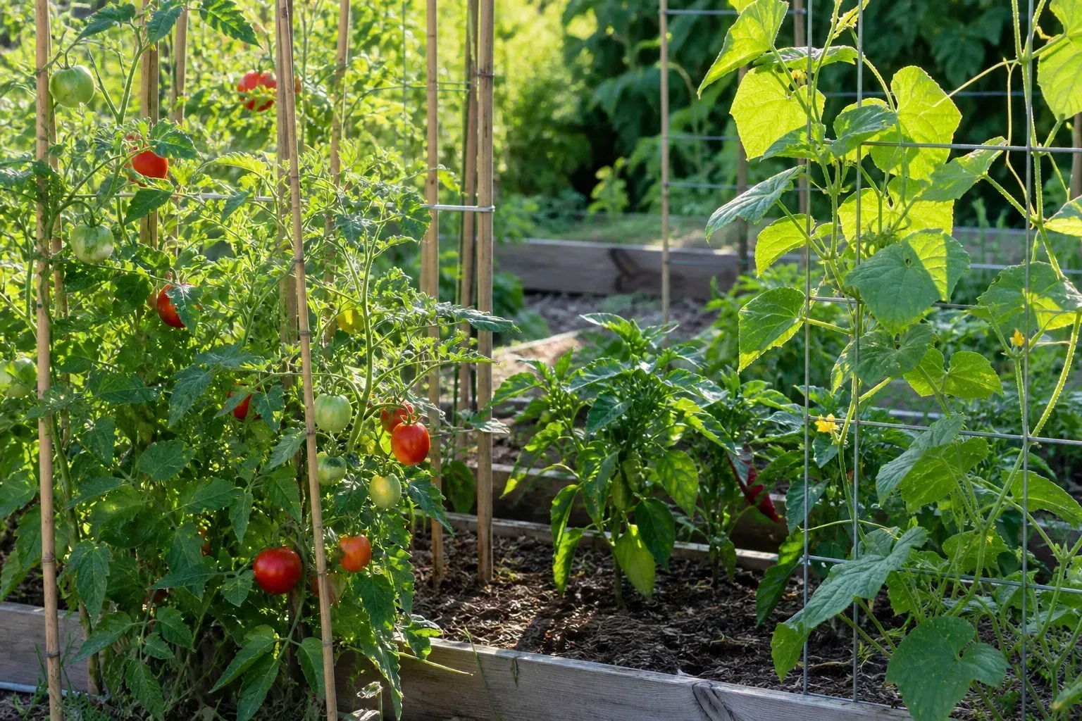 Sunny raised-bed vegetable garden with bamboo stakes, tomato vines, and wire trellises supporting climbing crops
