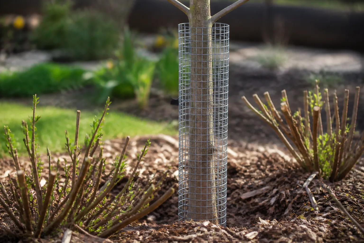 Young fruit tree trunk wrapped with wire mesh guard against rabbit bark damage in a mulched garden bed