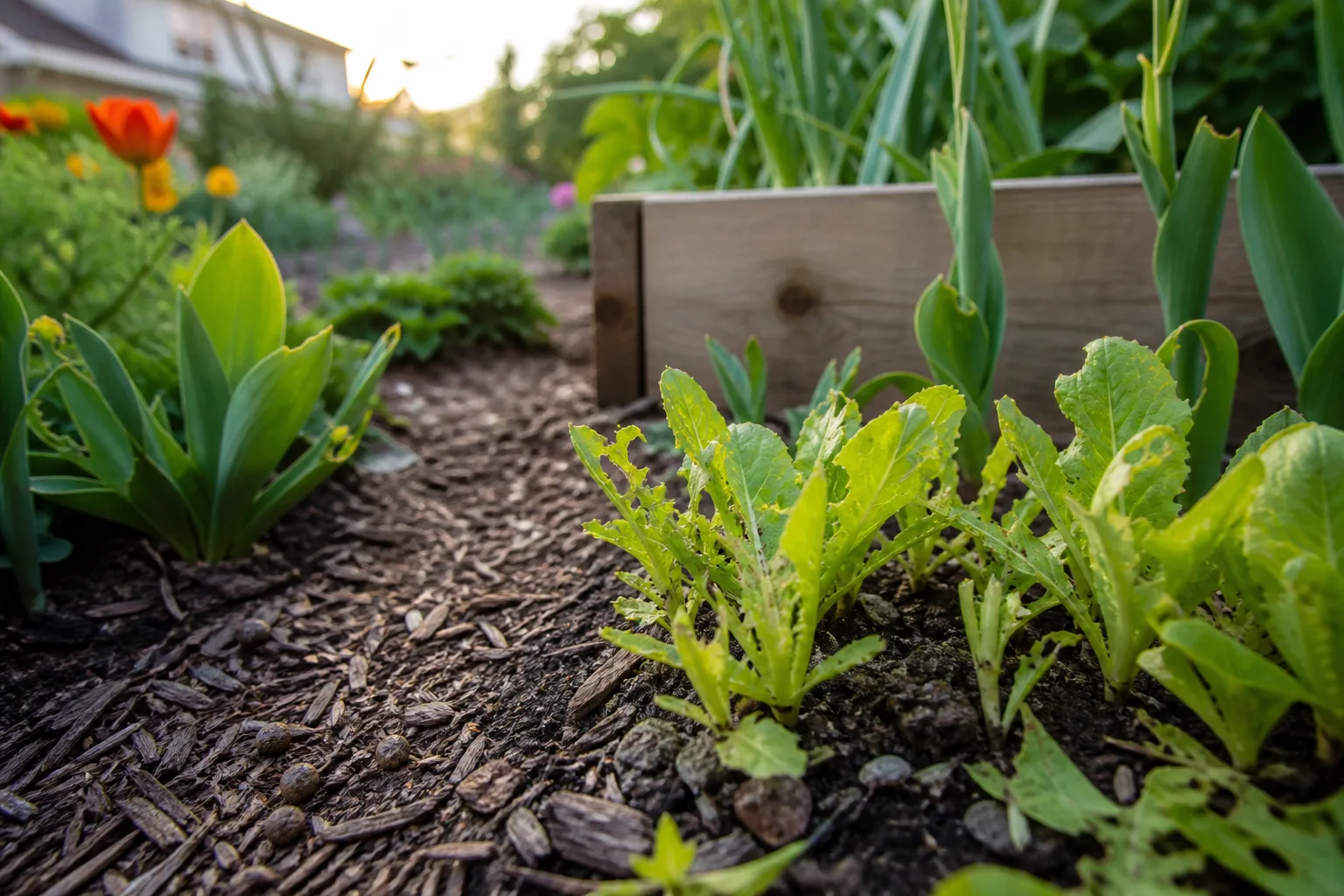 Backyard garden at dawn with nibbled lettuce and tulip foliage showing clean rabbit browsing damage on low tender shoots