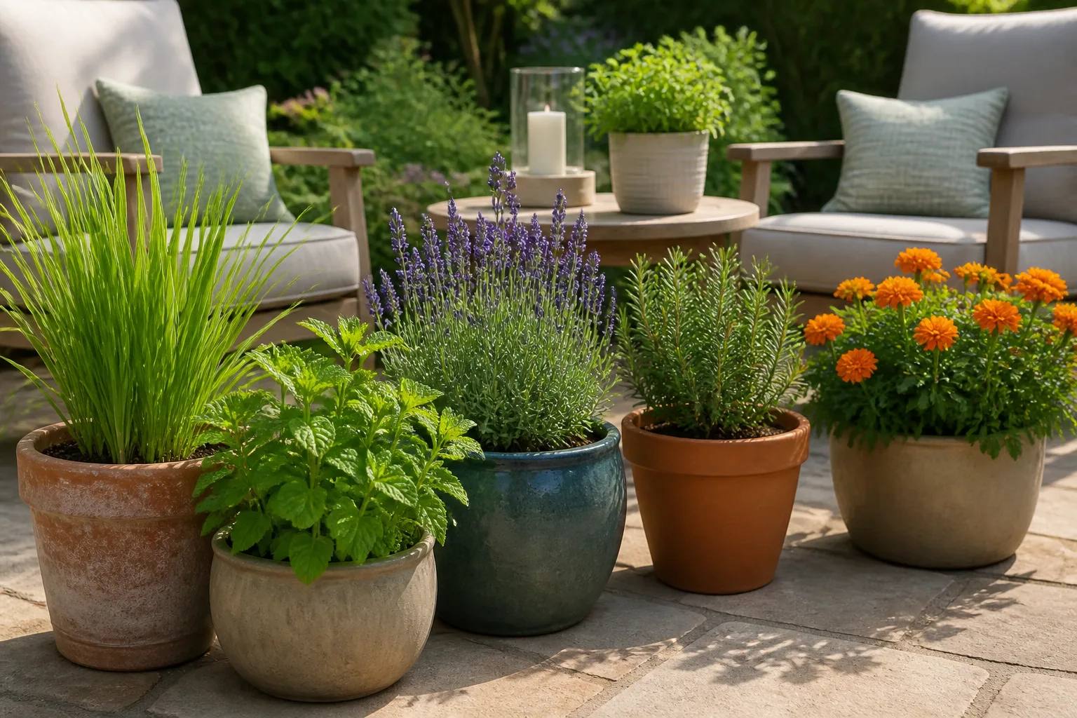Fragrant container plants arranged around a sunny outdoor seating area