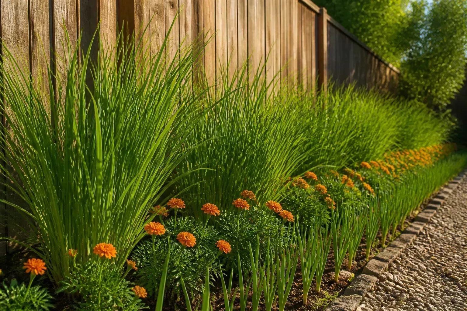 Backyard fence line planted with lemongrass, marigolds, and garlic as a snake-deterrent perimeter border