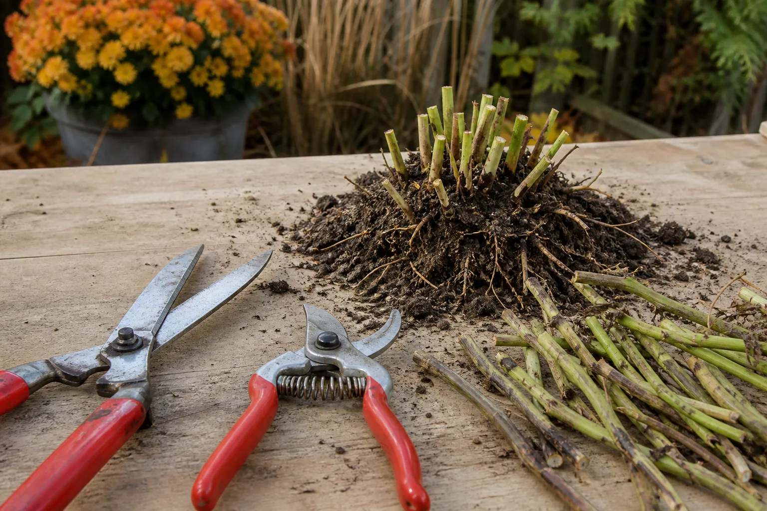 Pruning tools and fresh cut stems arranged for a perennial spring cleanup