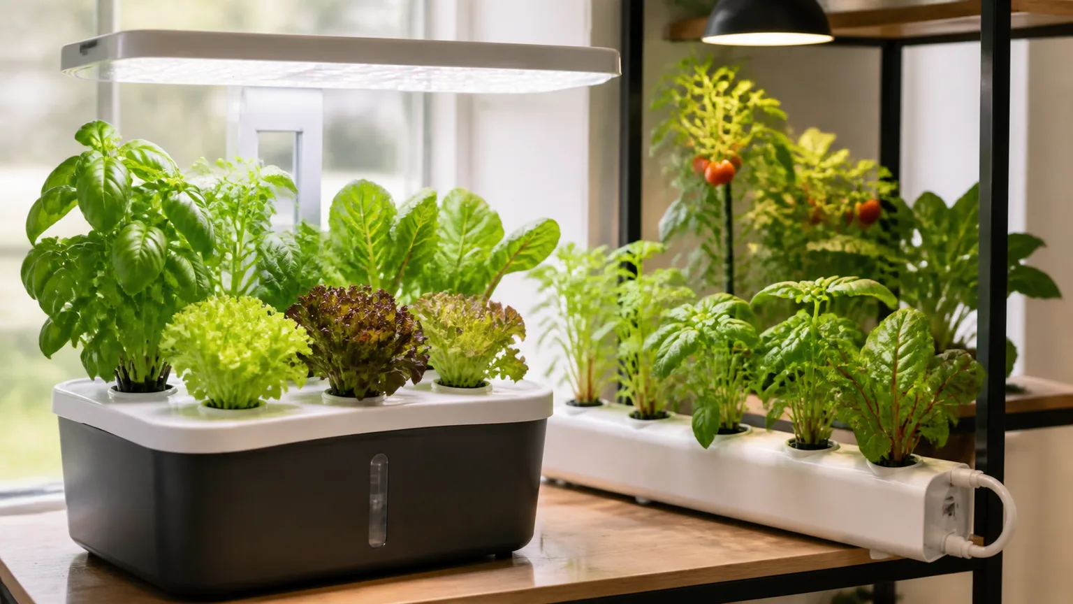 Compact indoor hydroponic garden growing lettuce, herbs, and a cherry tomato plant
