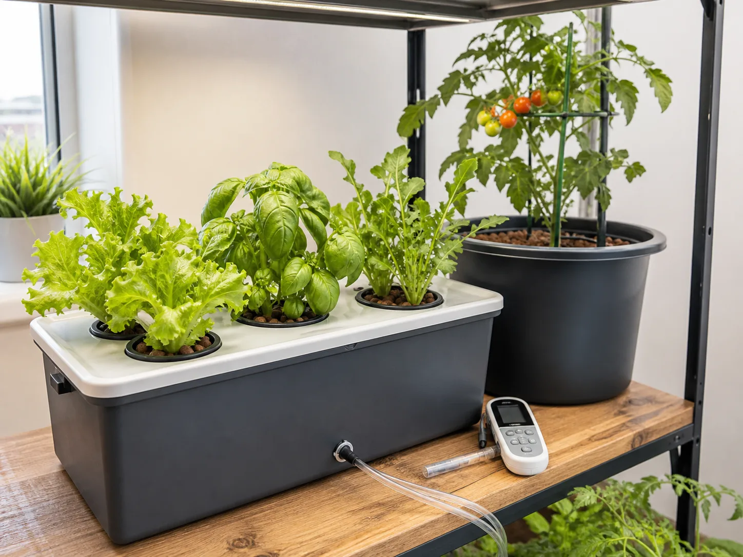 Indoor hydroponic system with leafy greens and a supported tomato plant