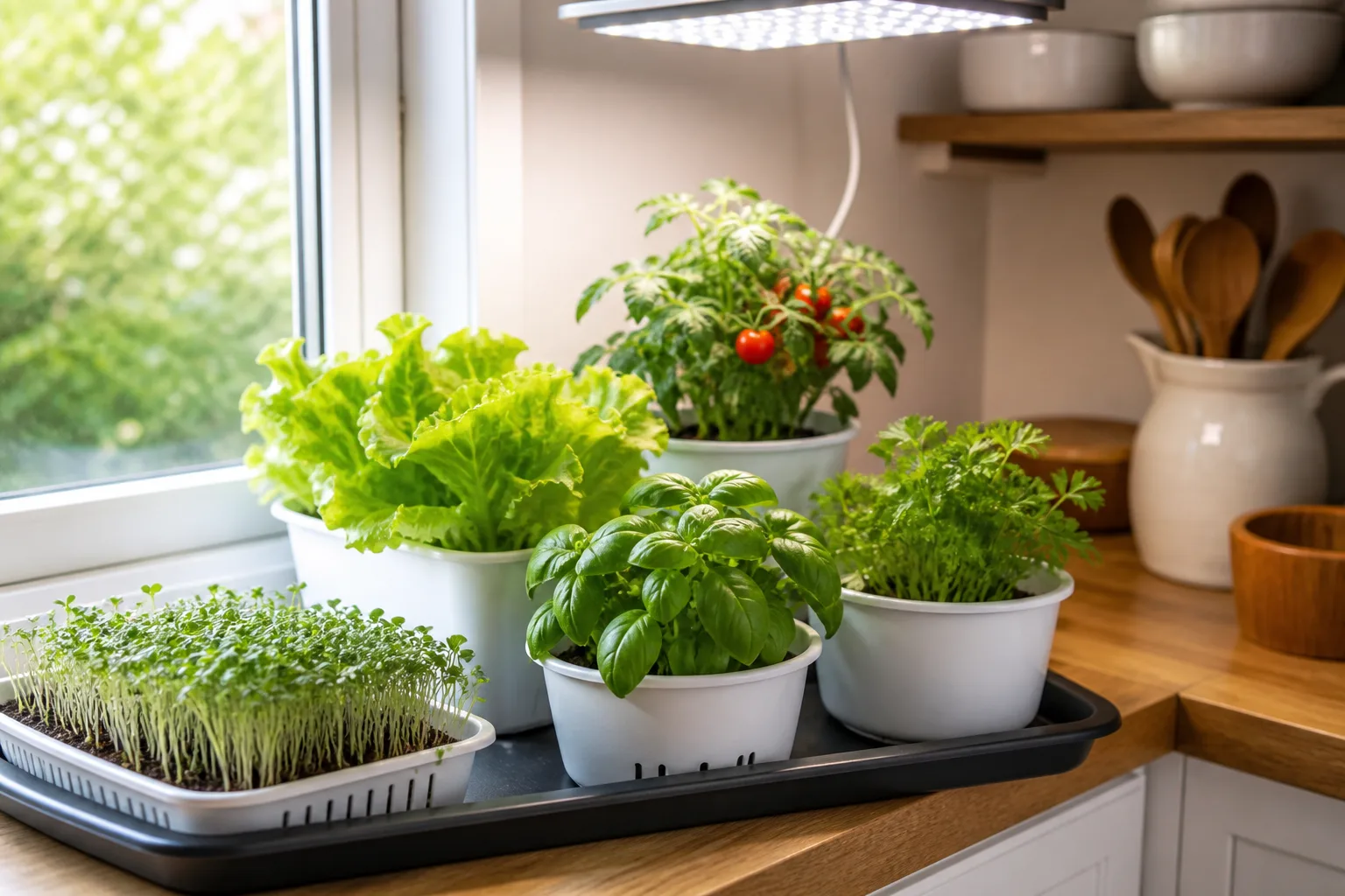 Indoor kitchen shelf with microgreens, lettuce, basil, parsley, and cherry tomatoes in containers