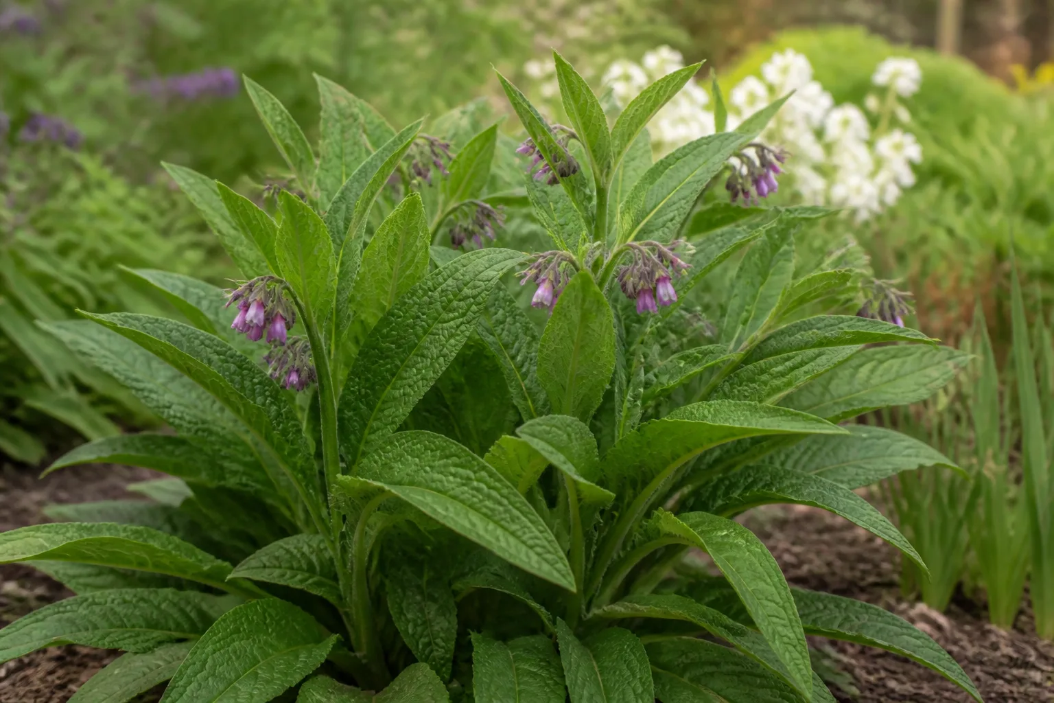 Large lush comfrey leaves filling out a spring garden bed