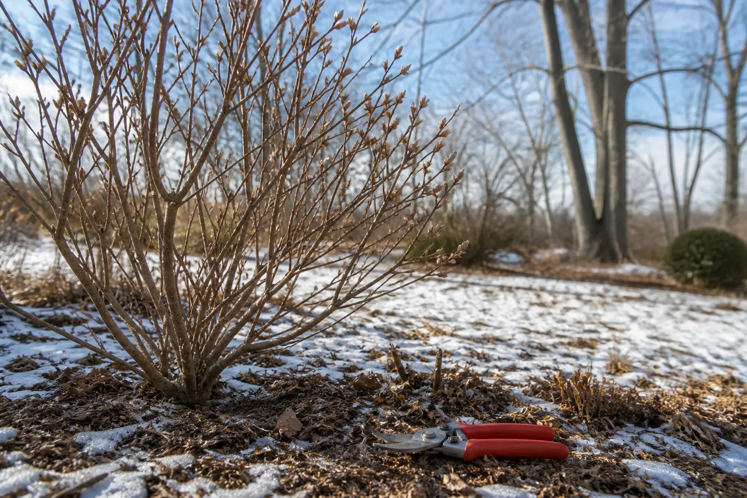 Dormant lilac shrub with swollen winter flower buds and unused bypass pruners resting on mulch in a late-winter garden