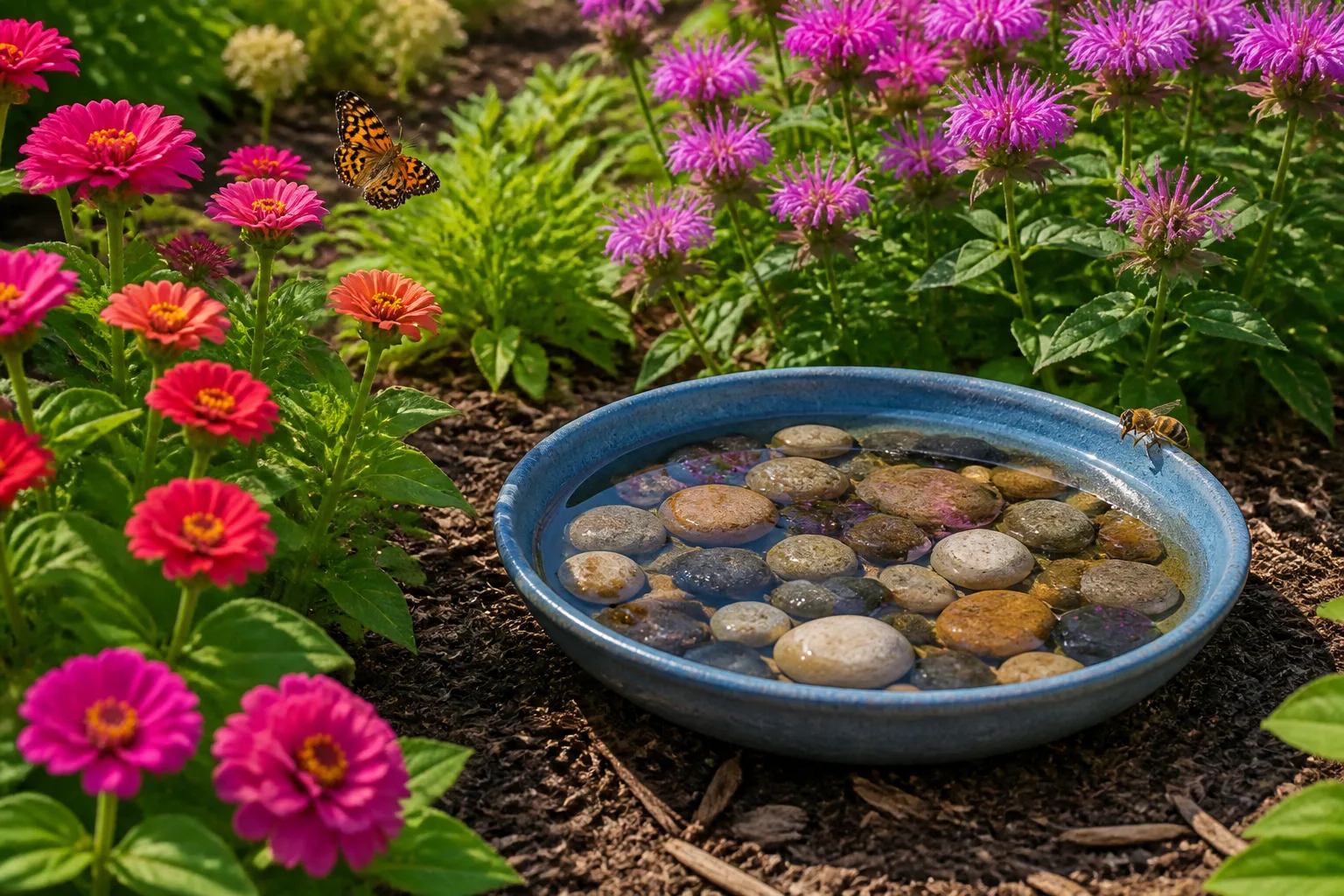 Shallow backyard pollinator water station with pebbles in a dish beside flowering plants where bees can land safely to drink