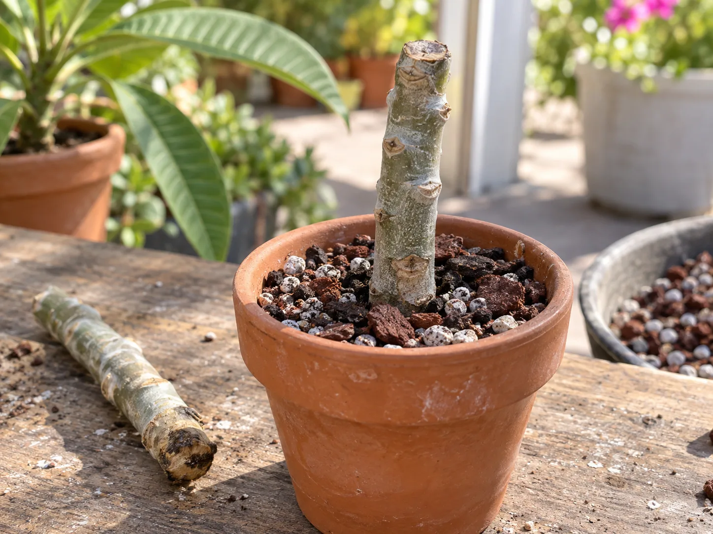 Plumeria stem cutting set in a coarse, free-draining propagation mix